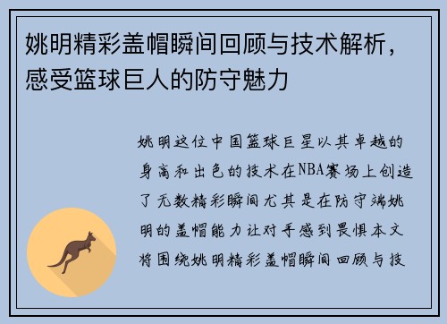 姚明精彩盖帽瞬间回顾与技术解析，感受篮球巨人的防守魅力