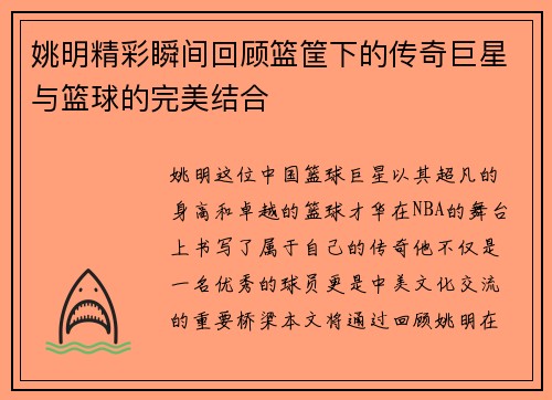 姚明精彩瞬间回顾篮筐下的传奇巨星与篮球的完美结合